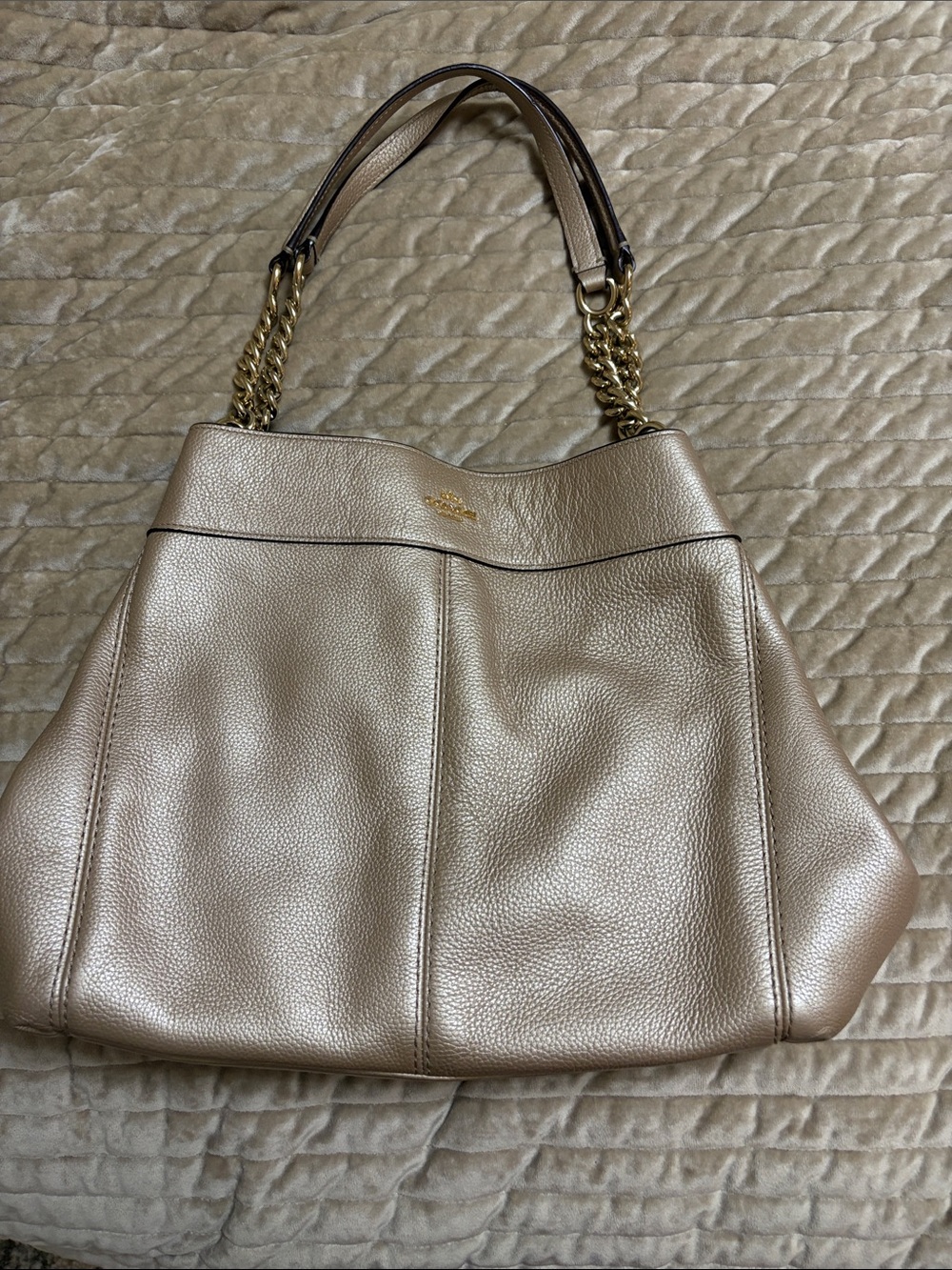 Coach Metallic Champagne Leather Shoulder Bag with Gold Chain Handles